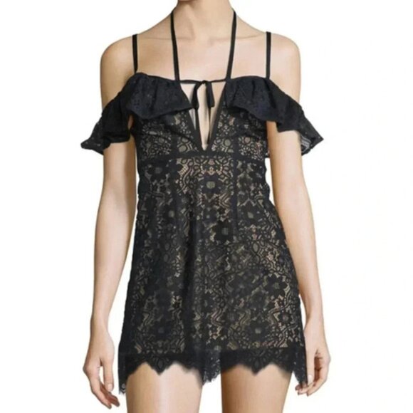 Free People For Love & Lemons Rosemary Mini Dress Lace Halter Off Shoulder Black - Picture 1 of 14